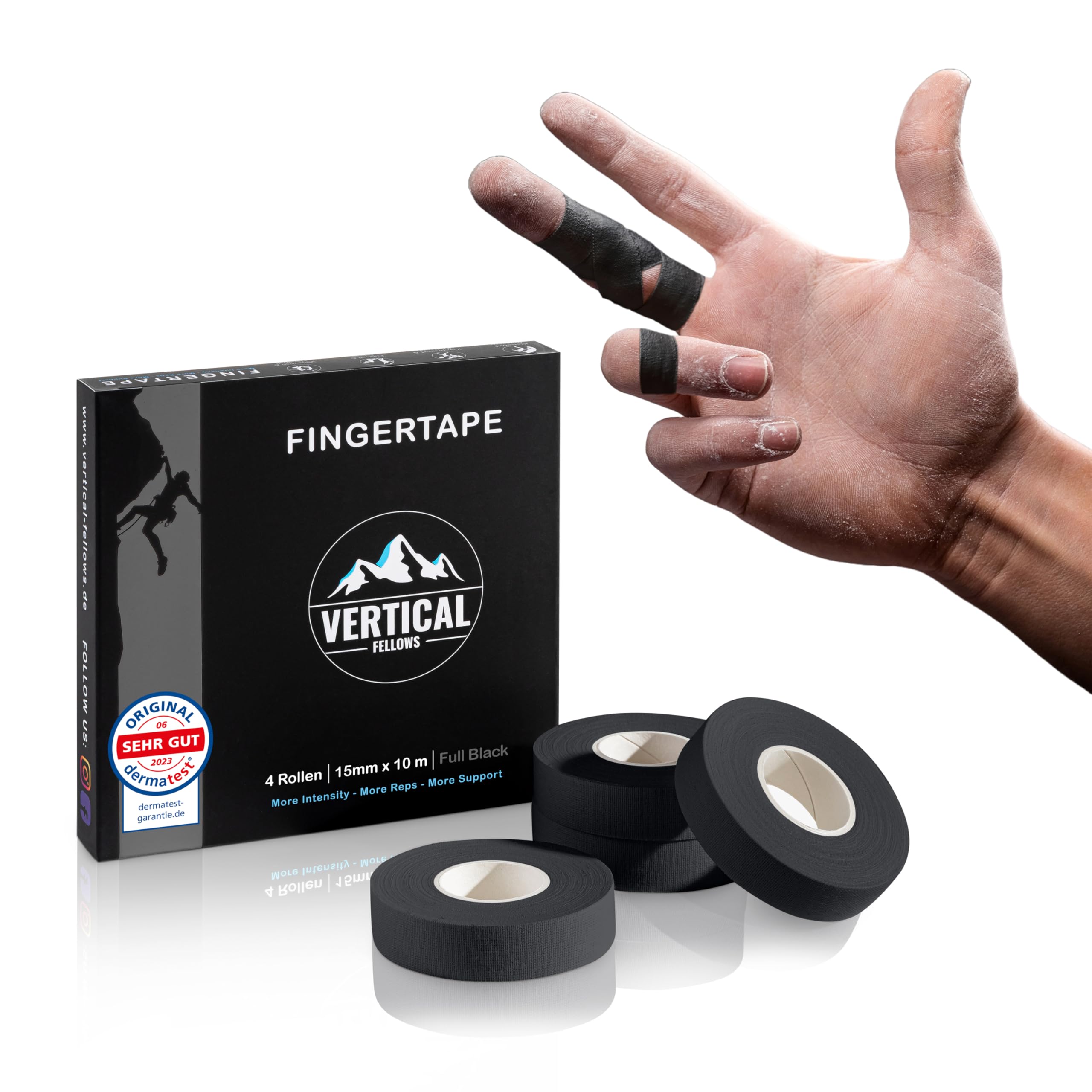 VERTICAL FELLOWS® Climbing Tape 4 Rolls 1.5 cm Wide, Black, with PDF Tape Instructions (English language not guaranteed) - Ideal Finger Tape and for Climbing Bouldering Volleyball Handball Martial