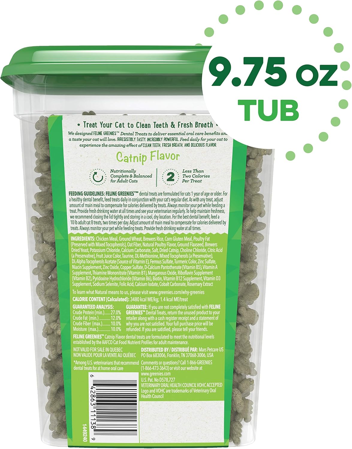 FELINE GREENIES Adult Dental Cat Treats, Catnip Flavor, 9.75 oz. Tub : Pet Supplies