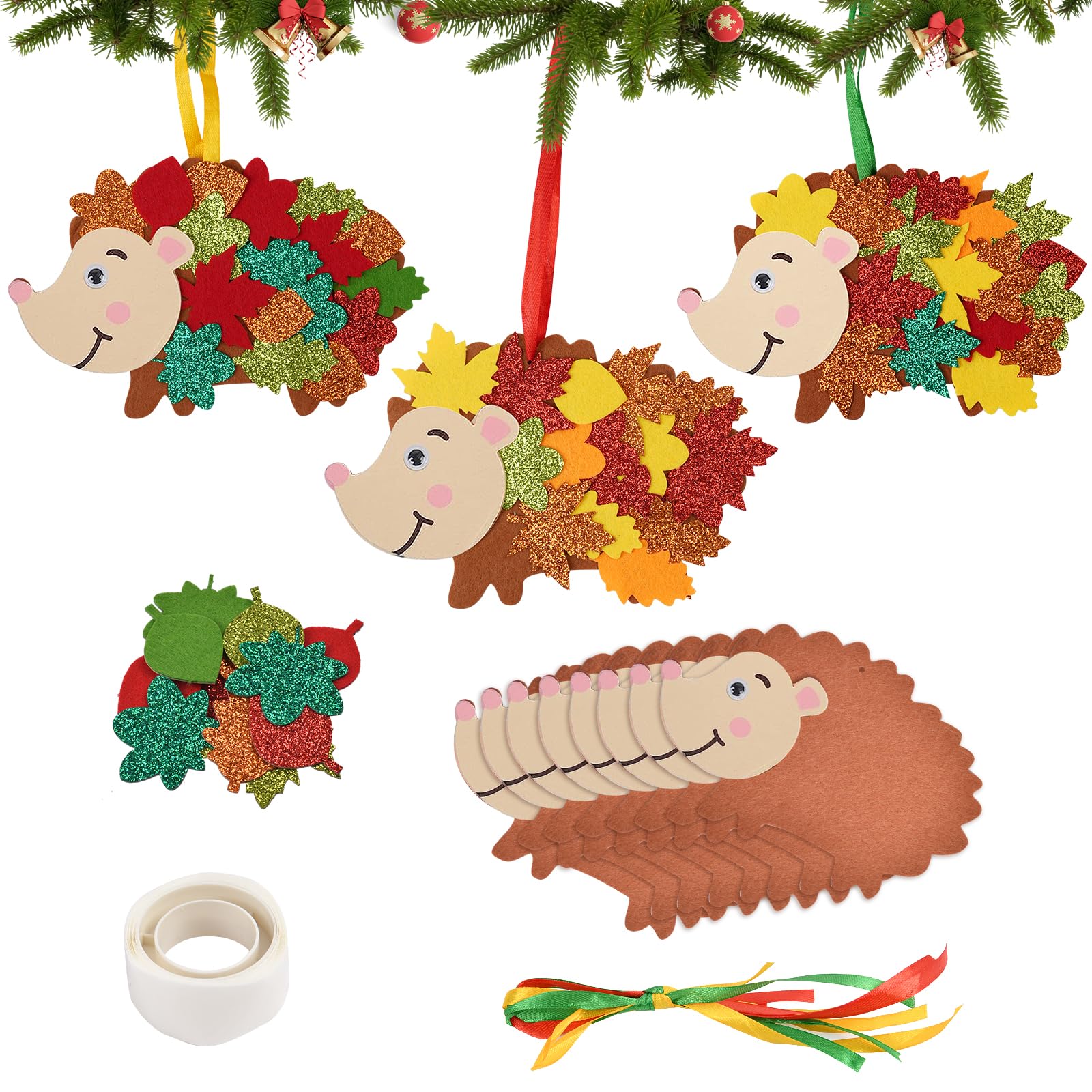 Ainiv 8PCS Hedgehog Craft Set for Kids, Christmas DIY Creative Craft Kit with Maple Leaf Stickers, DIY Peel & Stick Felt Craft Set for Children Craft Group Activities Fall Holiday Party Decorations