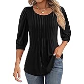 Ficerd Women's Puff 3/4 Sleeve Tops Trendy Crew Neck Tunic Top Pleated Casual Loose Dressy T Shirts Blouses