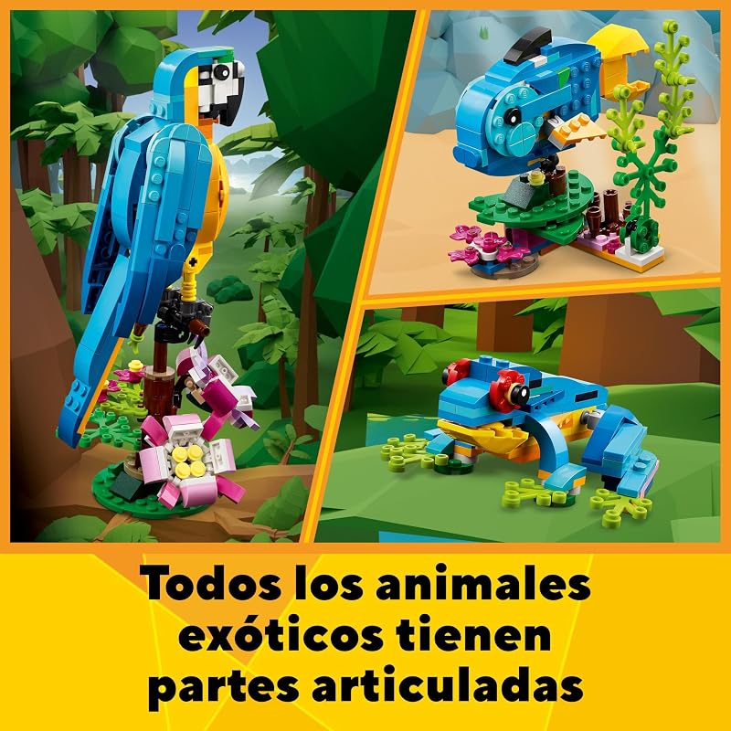 Lego 31136 creator 3 em 1 papagaio exótico, peixe ou sapo, figuras de animais de brinquedo para construir, presente para meninos e meninas de 7 anos ou mais, brincadeira criativa