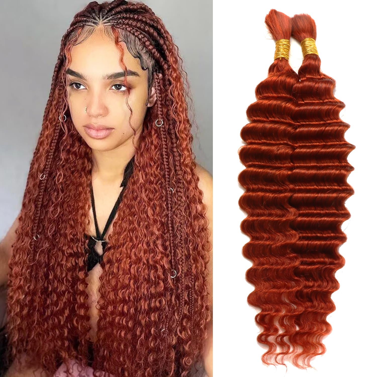 Deep Wave Bulk Human Hair for Braiding Deep Wave Human Micro Braids 100% Unprocessed Brazilian No Weft Human Hair for Boho Braids (350#, 18Inch 100g(50gx2Bundles)) — image 1