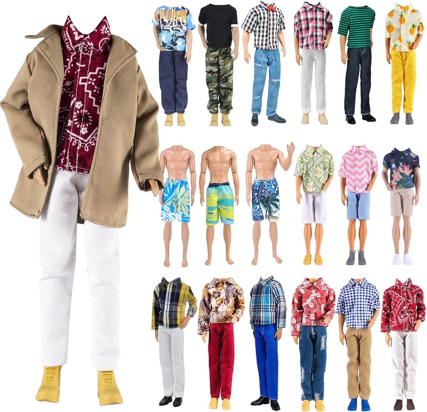 IMAGINE 10 Piece Doll Clothes and Outfits for 12 Inch Boy Dolls, 5 Sets Casual Wear, Doll Dress Up Costume Accessories, Assorted Styles (Khaki Long Jacket Overcoat + Casual Wear Clothes +Swim Trunks)