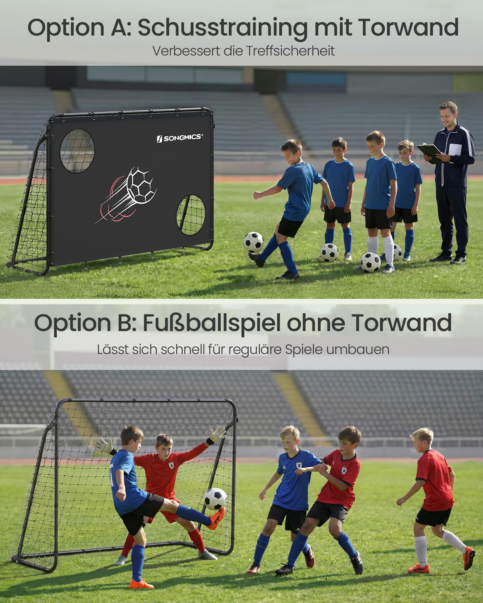 SONGMICS Fußballtor, mit Torwand, für alle Altersgruppen, Stahlrohre, PE-Netz, Outdoor, Garten, Strand, ‎215 x 76 x 150 cm, 2 Zielöffnungen mit Zählfunktion, schwarz SZQ215B02 6