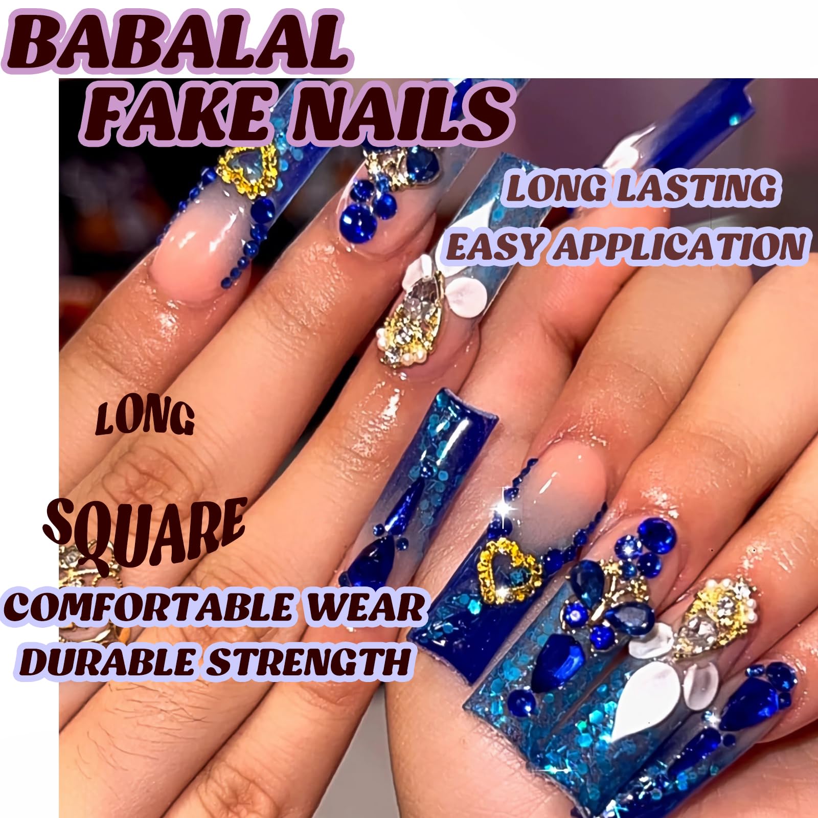 BABALAL Blue Press on Nails Long Square Fake Nails Luxury Glue on Nails 3d Butterfly Gold Heart Charm Design Acrylic Nails 24Pcs Bling Squoval Full Cover False Nails - Image 5