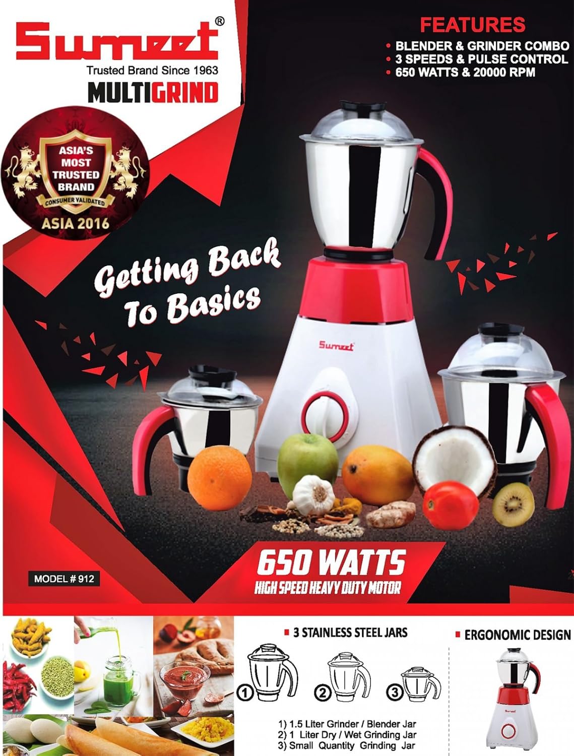 Sumeet MULTIGRIND 912 (650 W) Wet & Dry Grinder/Mixer/Indian Mixie