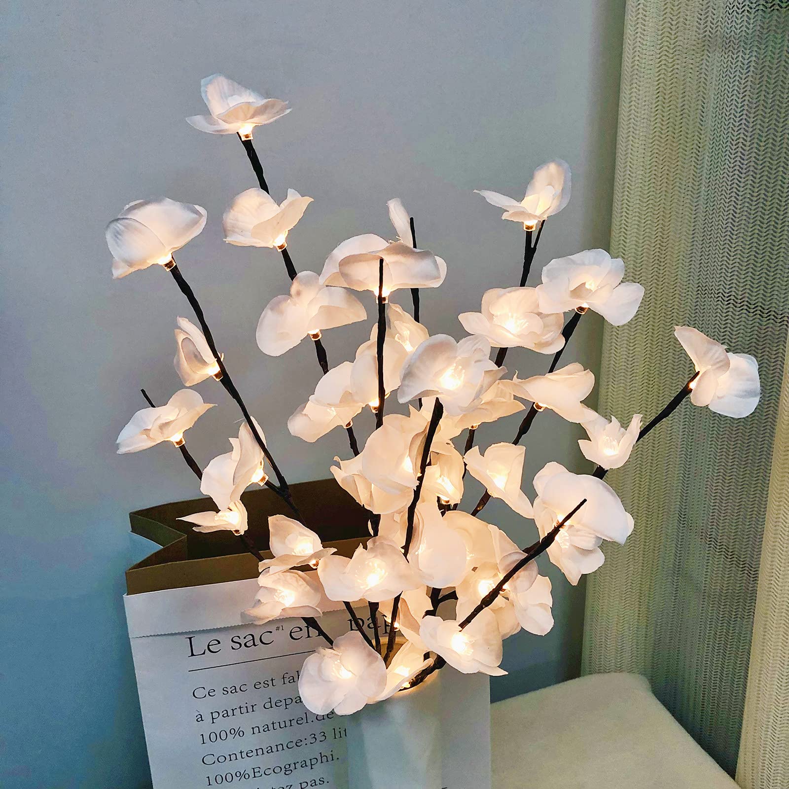 2 Pack LED Twig Lights Tree Lighted Artificial Phalaenopsis Branch Lights Flexible Branch Decoration Light for Home Shop Windows Vase Table Room Wedding Christmas (White Phalaenopsis)