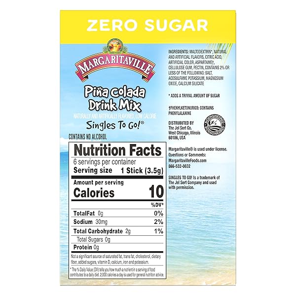 MARGARITAVILLE, SINGLES TO GO WATER DRINK MIX FLAVORED NONALCOHOLIC POWDER STICKS 6 COUNT, PINA COLADA, 4.14 OUNCE