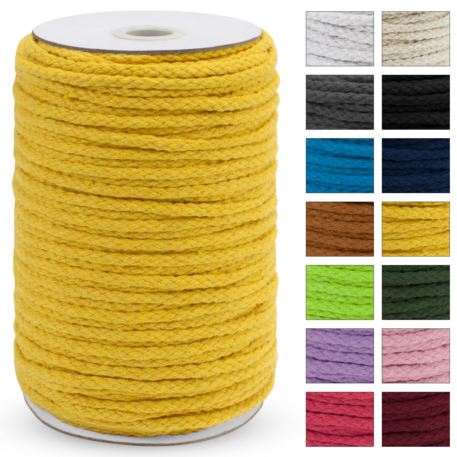 Uiopa Macrame Cord 5mm x 90m, Thick Macrame Rope 8-Strand Braided Cotton Rope, Yellow Cotton Cord for Plant Hangers, Wall Hanging, Dream Catcher, Garden, DIY Projects
