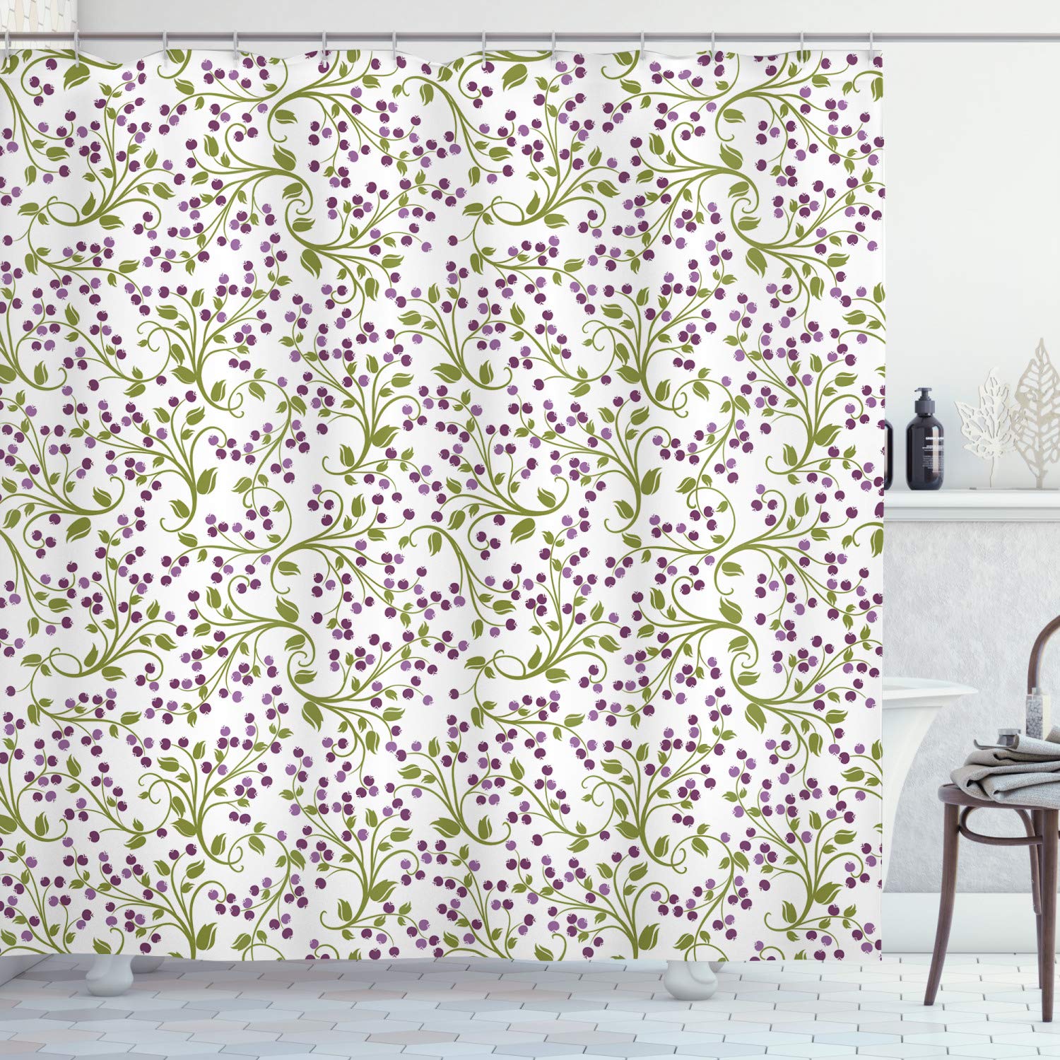 ABAKUHAUS Flower Shower Curtain, Floral Pattern Wild Berries Ornamental Curvy Branches Foliage Fruits Botanic, Cloth Fabric Bathroom Decor Set with Hooks, 78 Inches, Purple Green White
