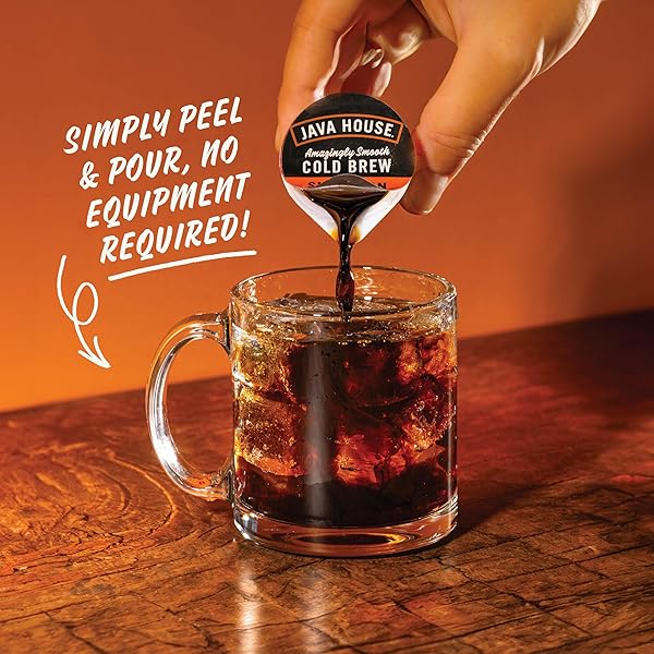 JAVA HOUSE DARK ROAST SUMATRAN COLD BREW PODS, (12 COUNT) PEEL AND POUR PODS HOT OR ICED INSTANT COFFEE CONCENTRATE