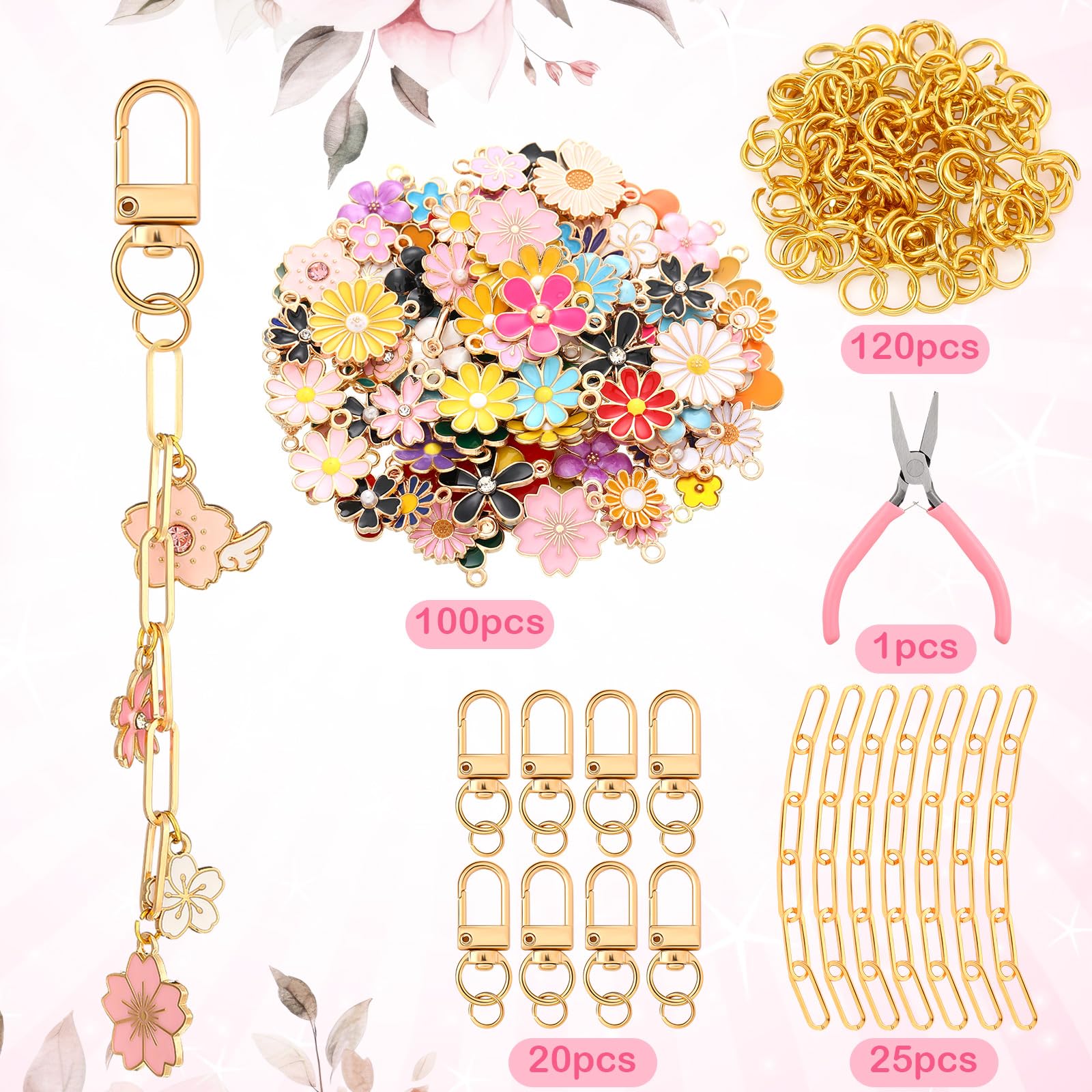 Tondiamo 286 Pieces DIY Keychain Making Kit Charm Jewelry Chain Making Crafts with 120 Charms 20 Keychain Clips 120 Jump Rings 25 Extender Chain and Plier for Women Bag Gift(Flower)
