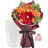 Alecono Crochet Flower Bouquet, Orange and Burgundy Knitted Flowers, Red Crochet Tulip Galsang Flower for Lover Anniversary Birthday Party Mother's Day Graduation Gifts (Include Card)