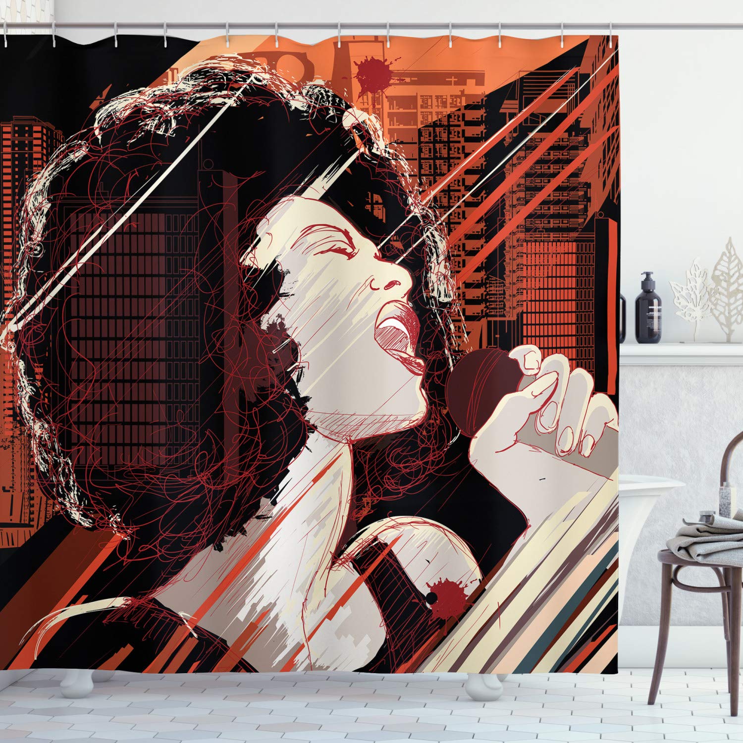 ABAKUHAUS Afro Shower Curtain, Musical Jazz Singer Woman, Cloth Fabric Bathroom Decor Set with Hooks, 78 Inches, Black Red