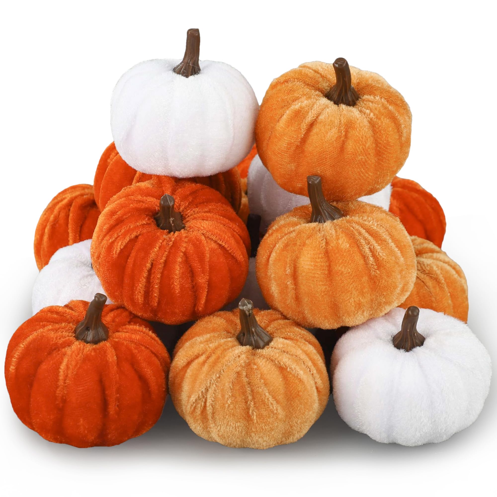 Photo 1 of 18 Pcs Fall Artificial Velvet Pumpkins Fake Fabric Pumpkin Faux Foam Pumpkins Orange Yellow White Artificial Pumpkin Decorations for Fall Harvest Thanksgiving Halloween Farmhouse Table Centerpiece