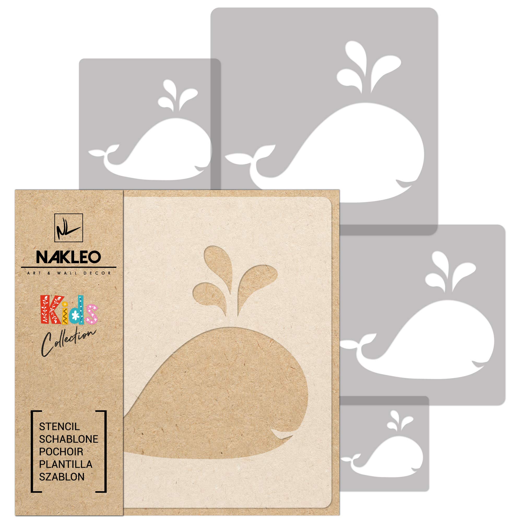 NAKLEO Painting Stencils Set for Nursery Room, 5 Pcs Templates 9x9 to 34x34cm Whale Ocean Fish, Plastic and Reusable Drawing Stencils, Decor, Craft DIY Wall Furniture