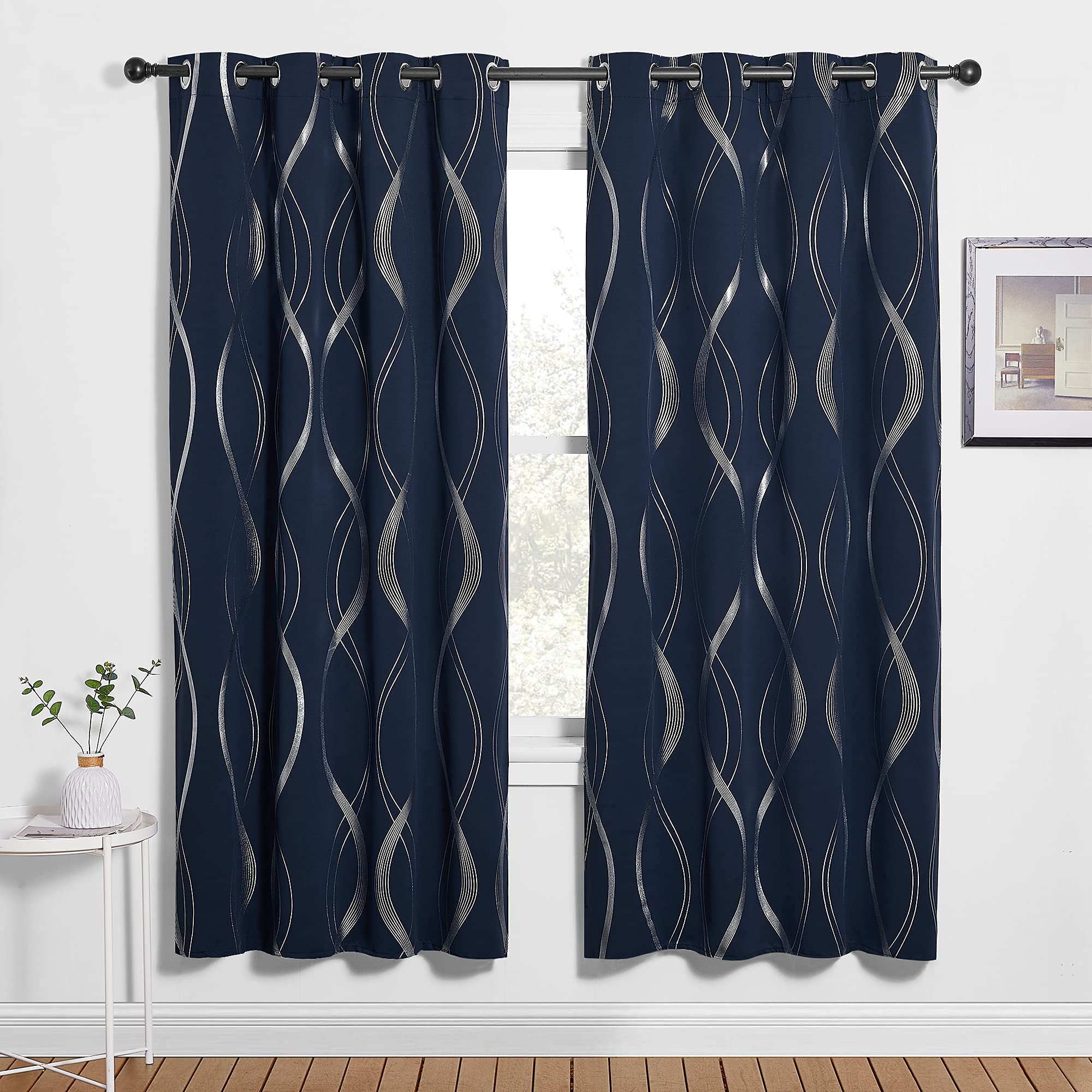PONY DANCE Blackout Curtains for Bedroom - Line Foil Printed Blackout Curtains for Living Room Eyelet Thermal Noise Reduction Soundsproof Window Drapes for Kids, 46 x 72 Inch Drop, Navy Blue, 2 Panels — image 1