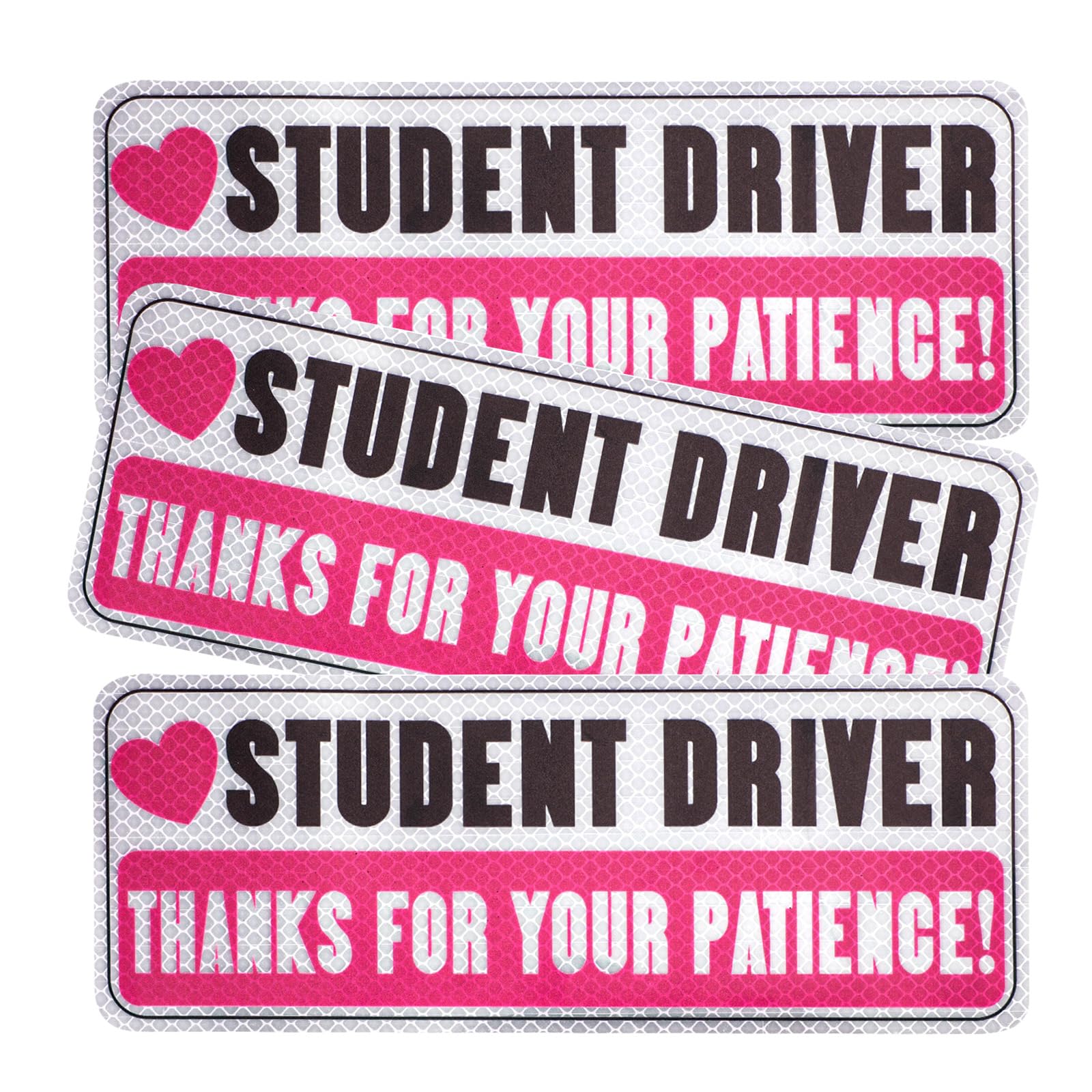 Photo 1 of 3pcs Student Driver Adhesive Stickers, Thanks for Your Patience Student New Driver Signs Pink Non-Magnetic Reflective Bumper Sticker Car Decal Safety Sign for Car Exterior Accessories (Student Driver)