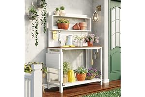 VOOHEK Outdoor Garden Potting Bench, 65‘’Wood Workstation, with Shelves, Side Hook and Foldable Side Table, for Backyard Patio Balcony, Outside, White