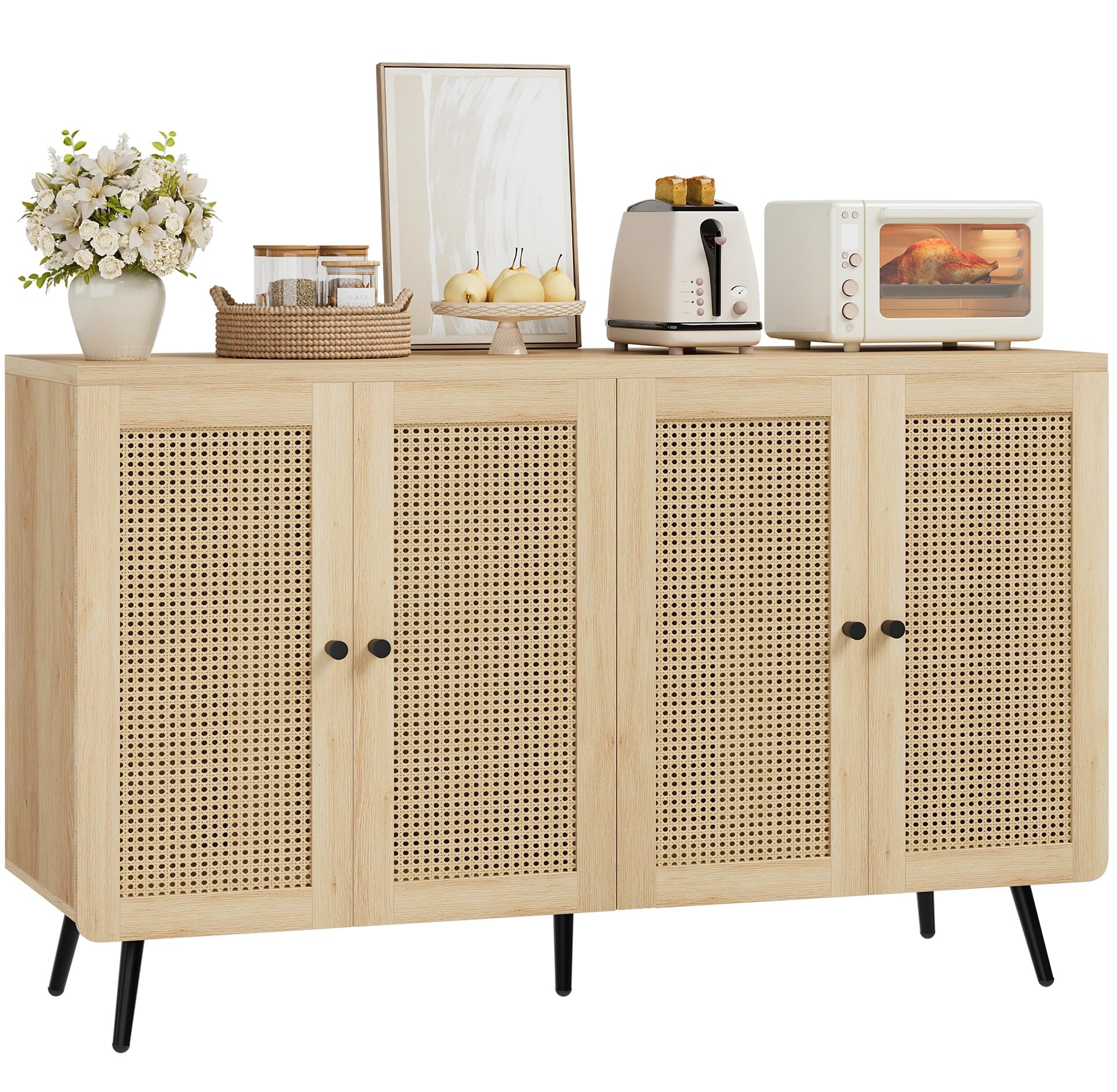 Jocoevol Rattan Buffet Cabinet with Storage, 55" Boho Wooden Sideboard ...