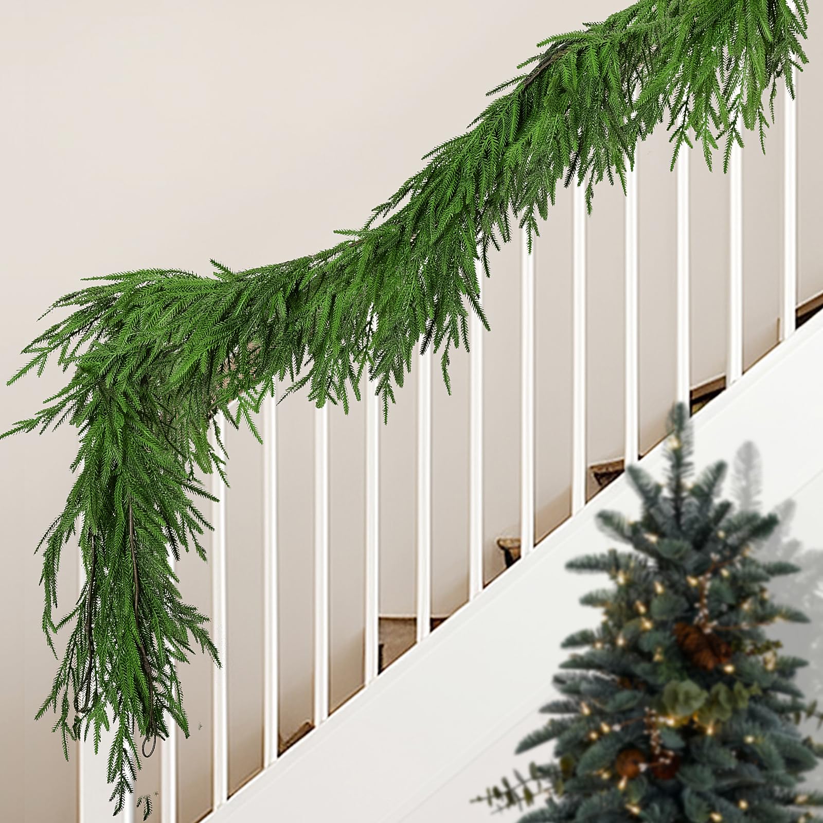 Photo 1 of Watayo 4 Pcs Christmas Norfolk Pine Garland, 6 Ft Dense Real Touch Pine Garland Ornament, Realistic Artificial Pines Greenery Garlands for Mantle, Table, Fireplace, Indoor, Outdoor Xmas Decoration
