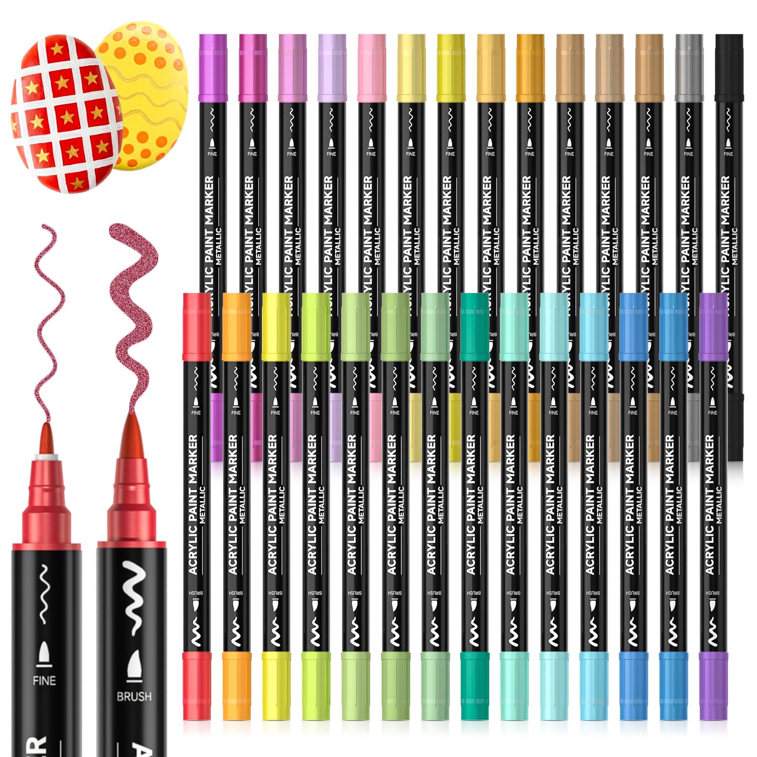 Shuttle Art Dual Tip Metallic Acrylic Paint Pens, 28 Colours Fine & Brush Paint Marker Pens, Paint Pens for Rock Painting, Ceramic, Wood, Fabric, Art Marker Pen Set for Adults on Christmas Easter