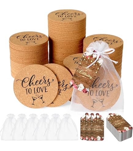 Umigy Lot De 50 Dessous De Verre Ronds En Liège Absorbants Pour Invités Avec Cartes De Remerciement De Mariage Et Sacs En Organza Pour Cadeaux De Mariage, Souvenirs De Mariage Pour Invités
