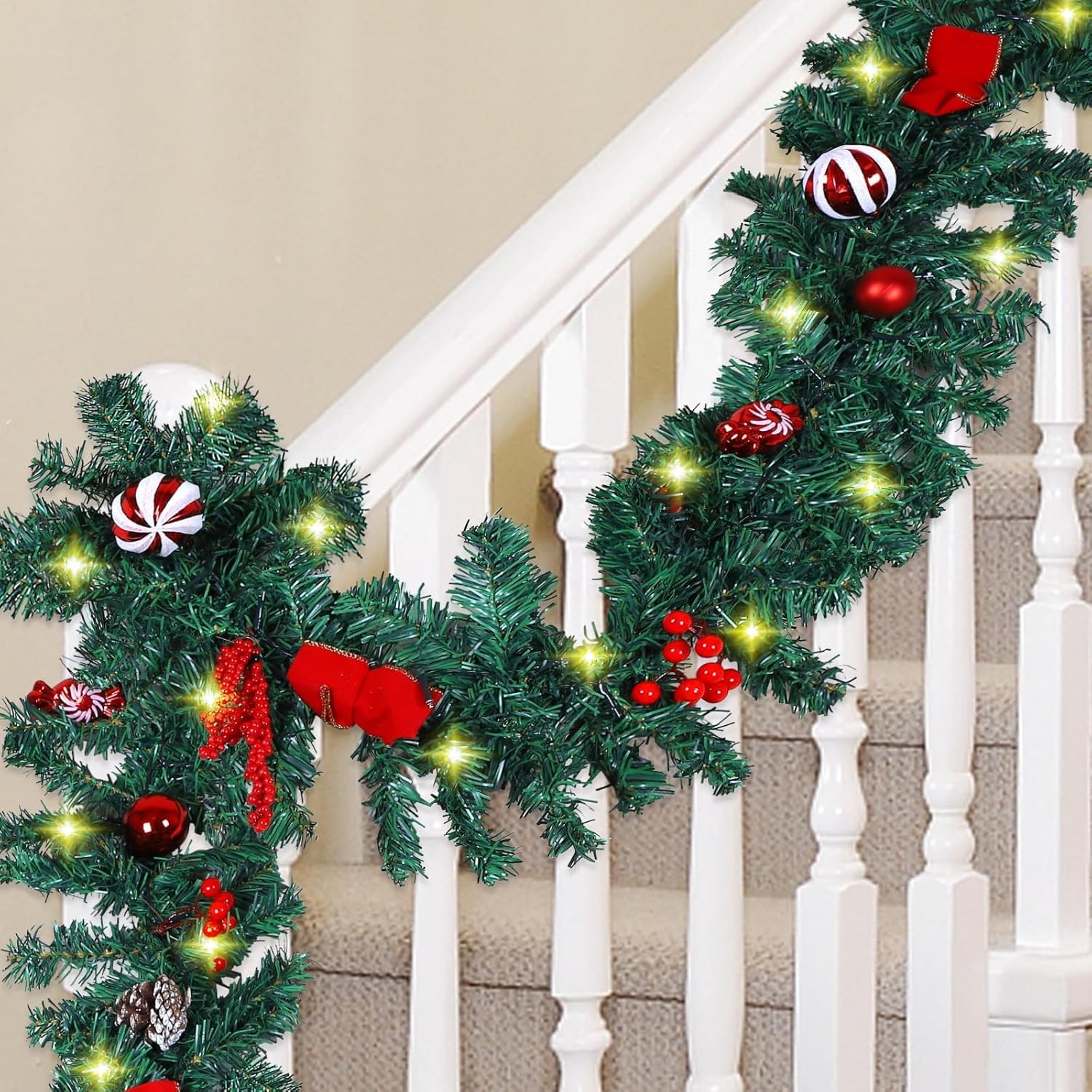 Wreaths, Garlands & Swags - MorTime 4 Pack 9 FT LED Christmas Garland with Pinecones Red Berries Bows Christmas Balls Candies, Multi-Function Christmas Garland with 50 Warm White LED Lights, 180 Branch Tips