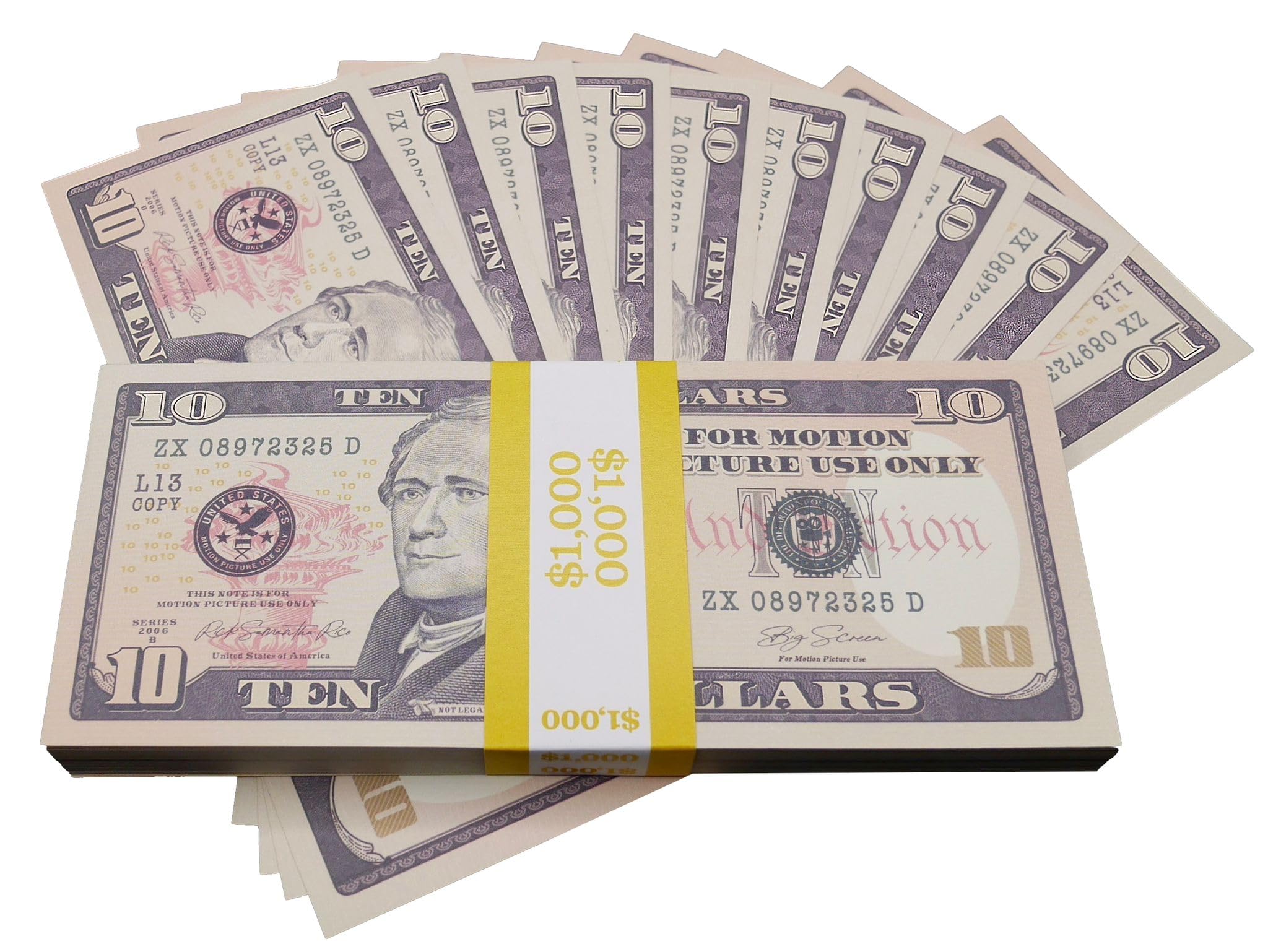 Big Screen Stacks - PROP MONEY DOLLARS | UK COMPANY | 100 FULL PRINT $10 DOLLAR BILLS | $1,000 Stack | Extra Strap | for Movies, Advertising, Play, Party, Supreme, Gun, Fancy Dress, Casino Games