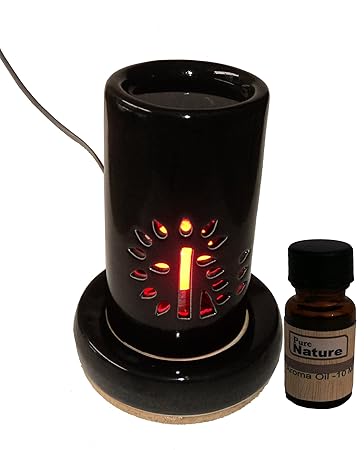 Pure Source India Clay Ceramic Round Electric Aroma Diffuser with 10 ml Relaxing Aroma Oil (Black)