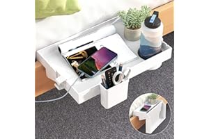 SOLEJAZZ Bedside Shelf for Bed, Foldable Bunk Bed Shelf Clip On Nightstand Tray College Dorm Room Essential Table Caddy with Cup & Cord Holder for Top Bunk Organizer Bedroom, Normal Size, White