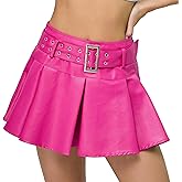 Kisidoo Y2K Mini Skirt Buckle Belted High Waisted Pleated Flare PU Faux Leather Short Goth Skirts for Women