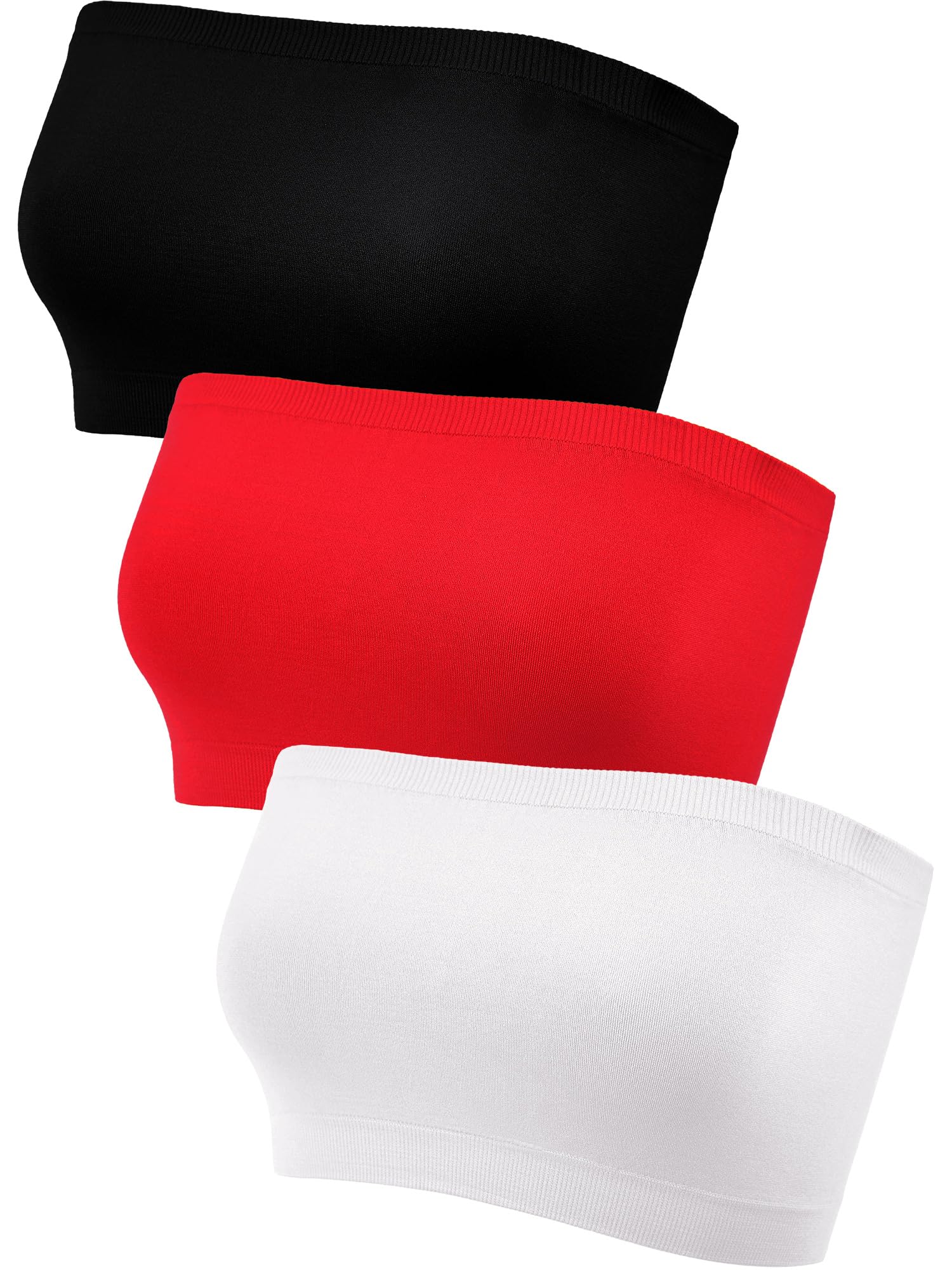 Women's Strapless Bralette Seamless Bandeau Stretchy Non-Padded Bandeau Tube Top Bra in Multi Color, 3 Pieces (Color Set 10) (Black, White, Red, F Size)