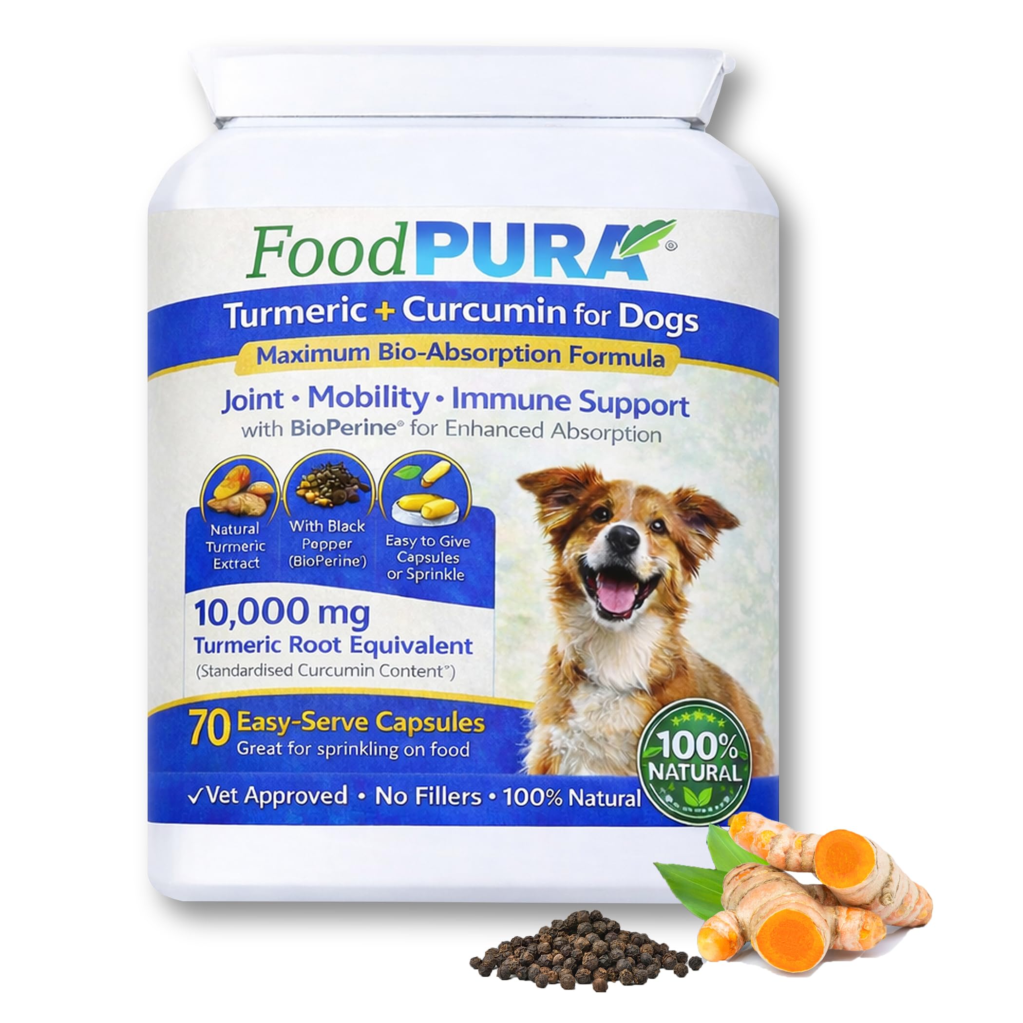 FoodPURA 70 Capsules - Turmeric for Dogs and Cats 10,000 mg for Joints, Digestive Health - High Absorbtion Health Supplement with Piperine Anti Inflammatory for Hips and Joints