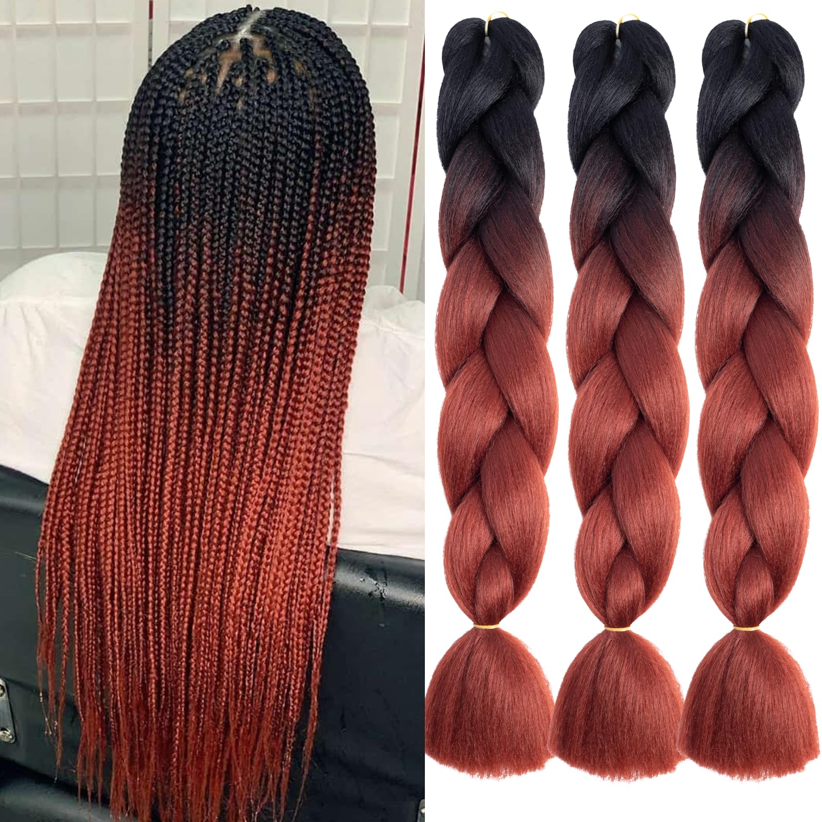 Xtrend 3 Packs 24 Inch Ombre Jumbo Braiding Hair for Twist Box Braids - Kanekalon High Temperature Synthetic Hair (3 Packs, Black/Copper Red) — image 1