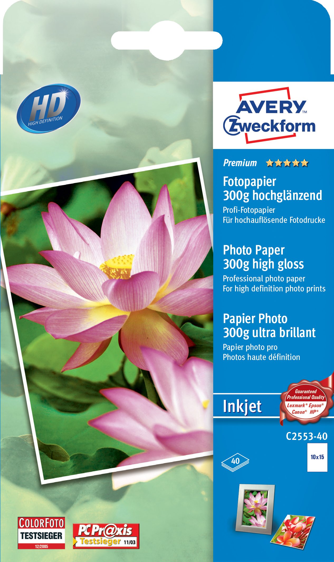 Avery Zweckform C2553-40 Superior Inkjet Photo Paper High-Gloss 10 x 15 / 300 g 40 Sheets
