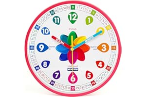 Homotte Learning Clock for Kids, 10 Inch Pink Wall Clock for Bedroom, Telling Time Teach Clock, Children's Silent Non-Ticking