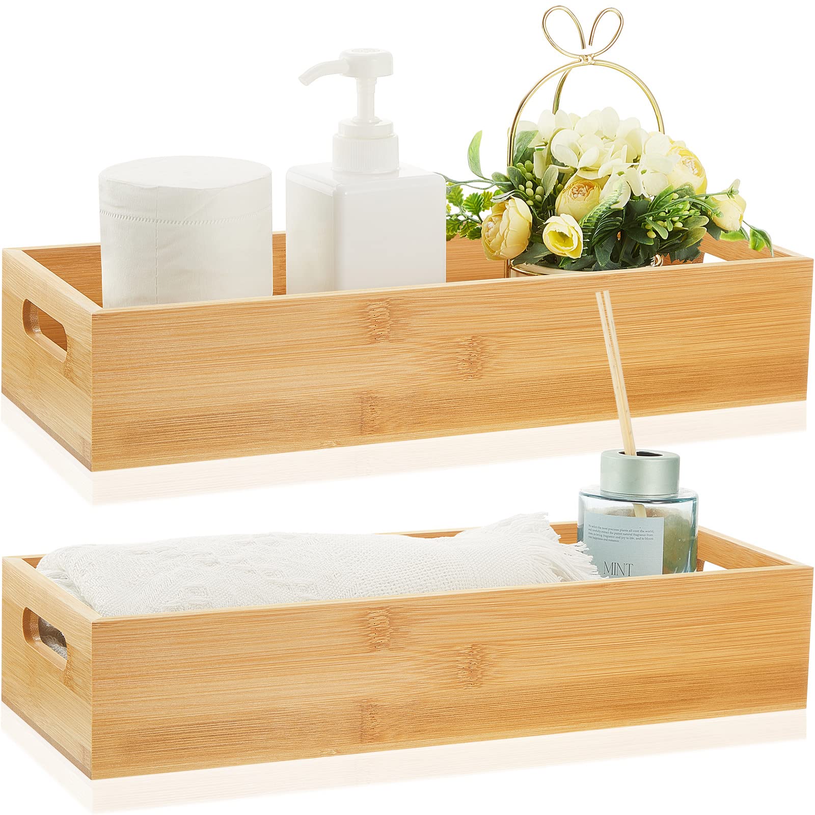 Photo 1 of 2 Pcs Bamboo Toilet Tank Tray Bathroom Trays with Handles - Wood Toilet Paper Basket and Organizer with 10 Pcs Non Slip Silicone Pads