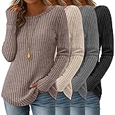 Velvelhall 4 Pack Women's Long Sleeve Shirts Boat Neck Ribbed Knit Sweaters with Thumb Holes Loose Fit Casual Tops