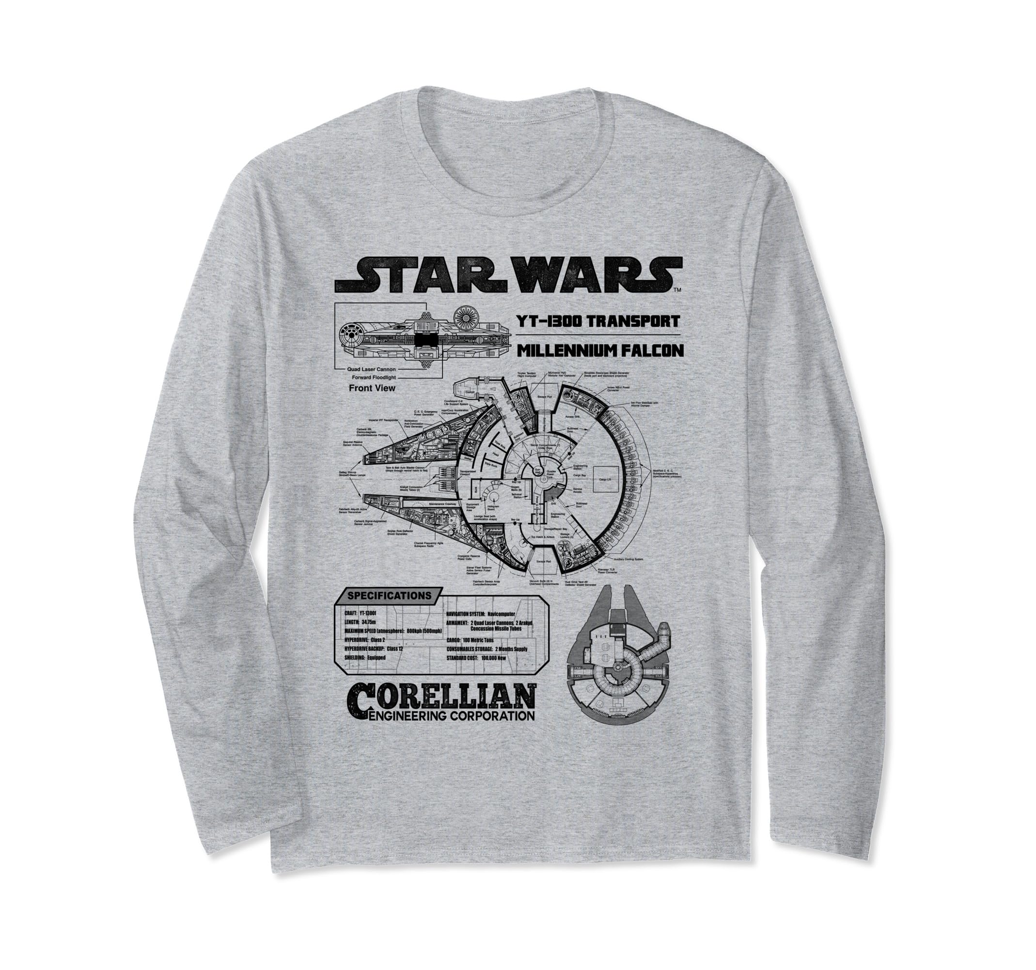 Star Wars Corellian Millennium Falcon Schematic Long Sleeve T-Shirt