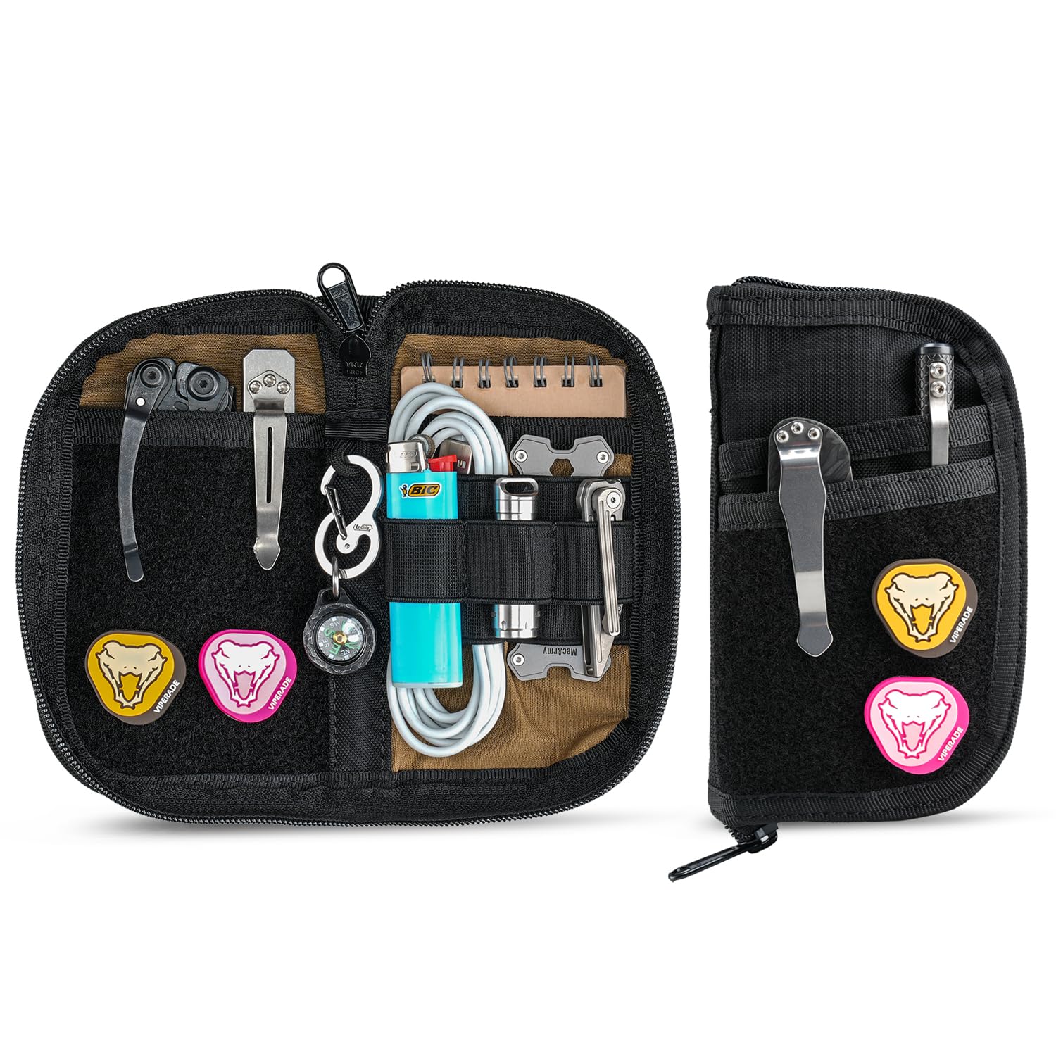 VIPERADE VE22 Small EDC Pouch, Nylon Pocket Organiser Pouch for Men, Small Tool Organizer with 4 Pockets and 5 Elastic Compartment, EDC Multitools Organiser -Black