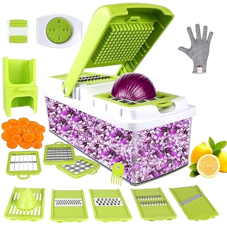 ONSON Gemüseschneider, Gemüsehobel 10 in 1 Veggie-Schneidemaschine Manuelle Mandoline ,Zwiebelschneider Dicer für Knoblauch, 