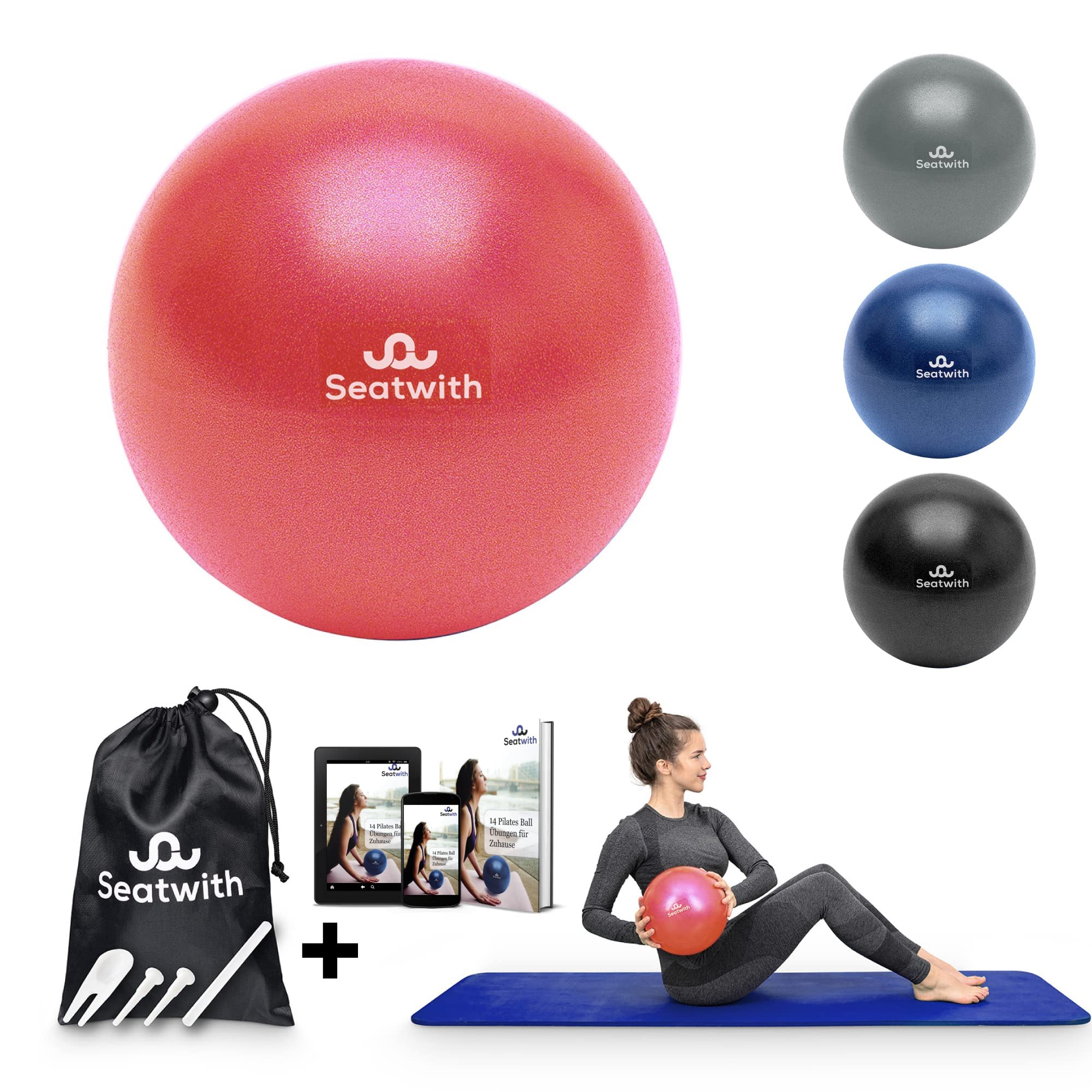 Seatwith Pilates Ball 23 cm / 9 Inches Pilates Ball with transport bag & free e-book - ideal for beginners & advanced users - Yoga, Physio, Pilates Small Ball, Pilates Mini - PINK