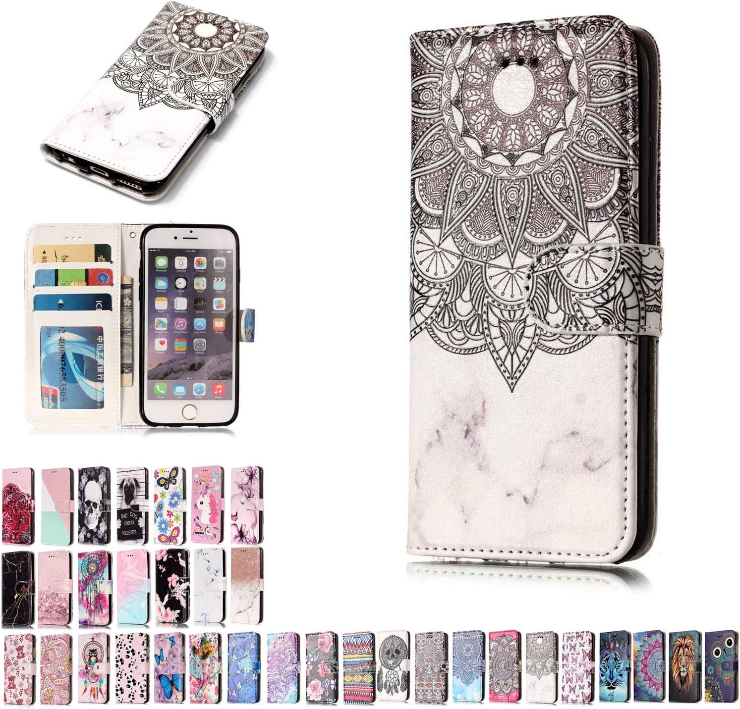LA-Otter Apple iPhone 6S 6 Case Marble Mandala Henna Flower Leather Case Wallet Flip Cover 360 Full Body Protection + TPU Silicone Gel Rubber Bumper Shockproof Back Shell