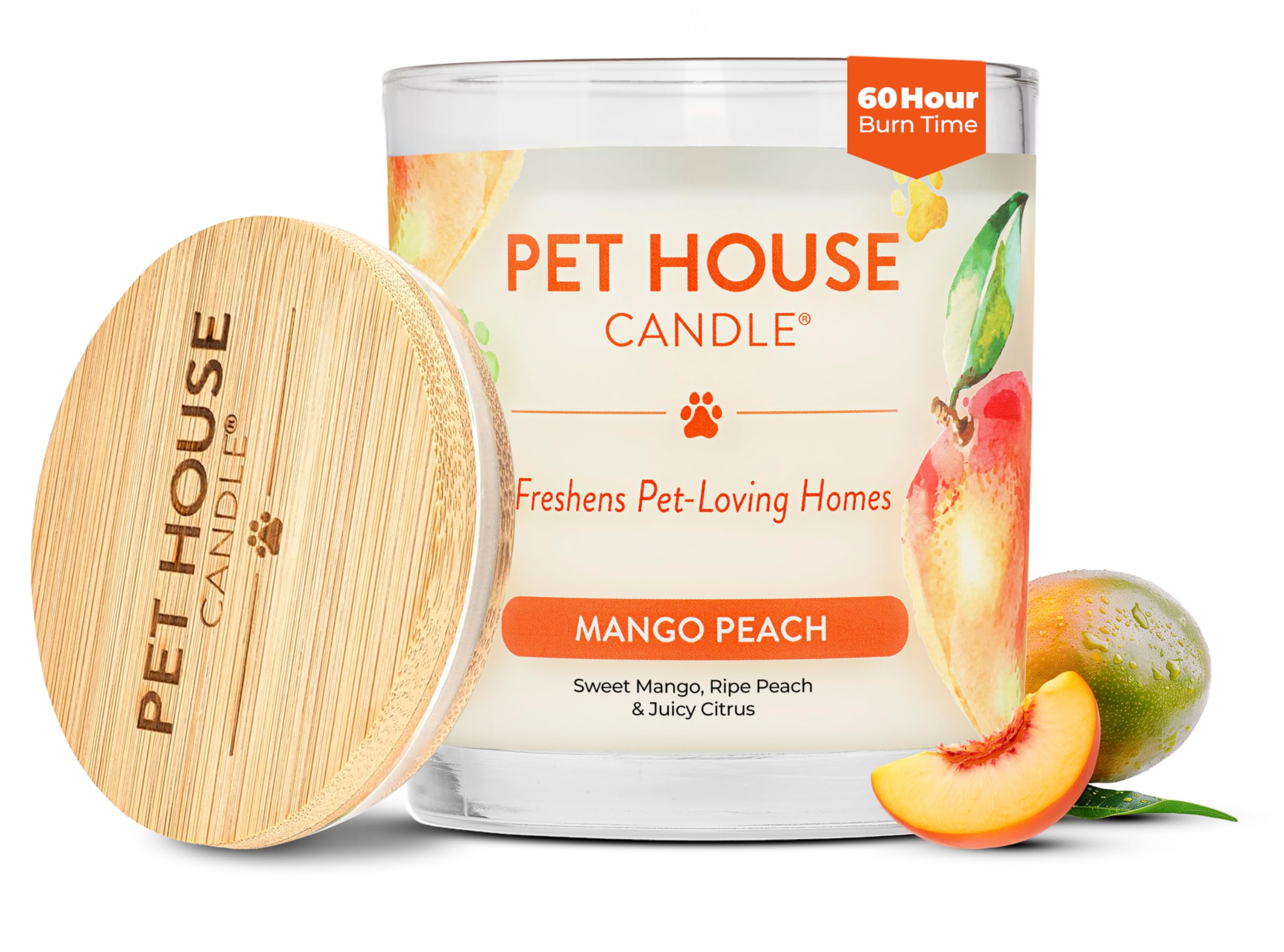 Pet House Plant-Based Pet Odor Candles, Clean Burning, Long Lasting Candle, 60 Hour Burn Time with a Natural Fiber Wick - Mango Peach