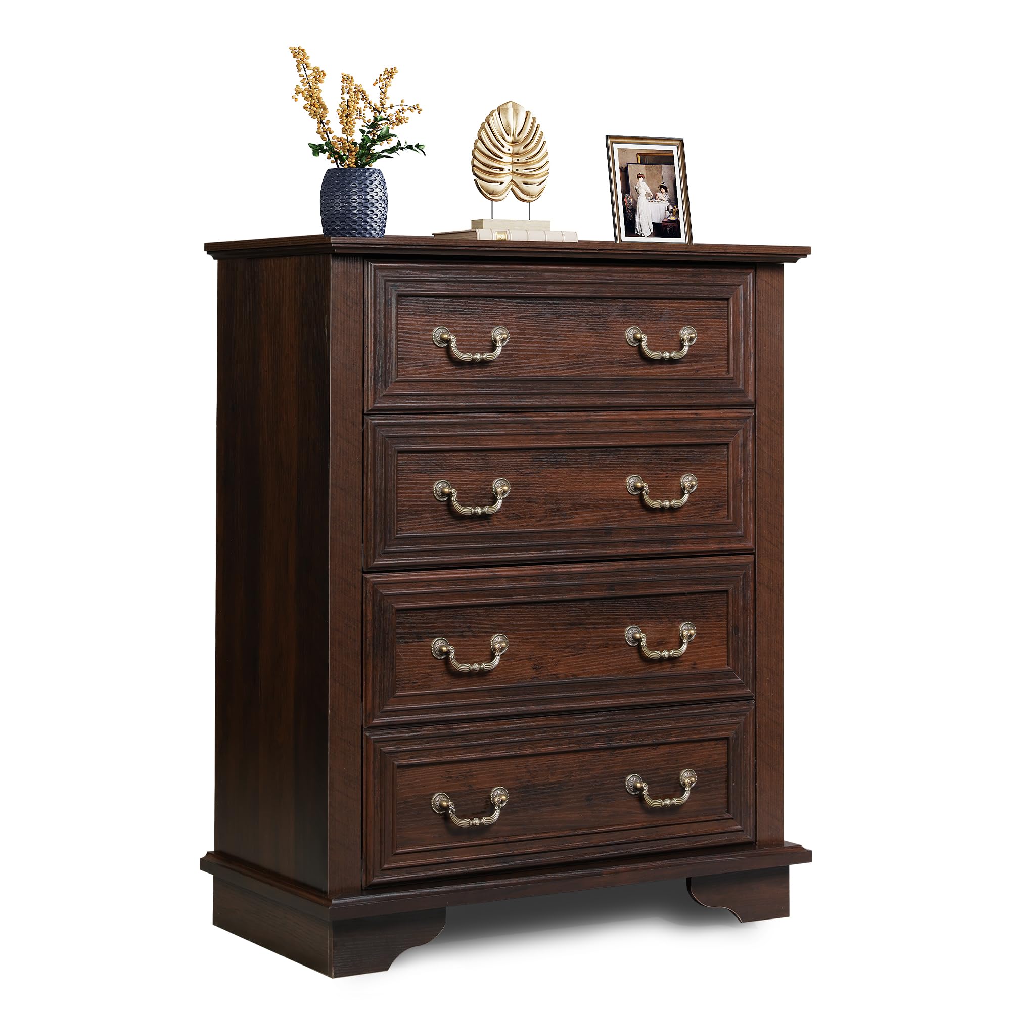 WLIVE Farmhouse 4 Drawer Dresser for Bedroom, 39" Tall Vintage Wood Chest of Drawers, Rustic Small Dressers with Square Wooden Legs, Mid-Century Storage Organizer for Living Room, Walnut
