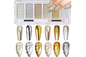 LINGYUN Chrome Nail Powder Palette-6 Colors Aurora Metallic Nail Powder Holographic Mirror Effect Champagne Chrome Powder Iridescent Shell Powder Glitter Dust Kit,Nail Art Decoration (Gold Color)