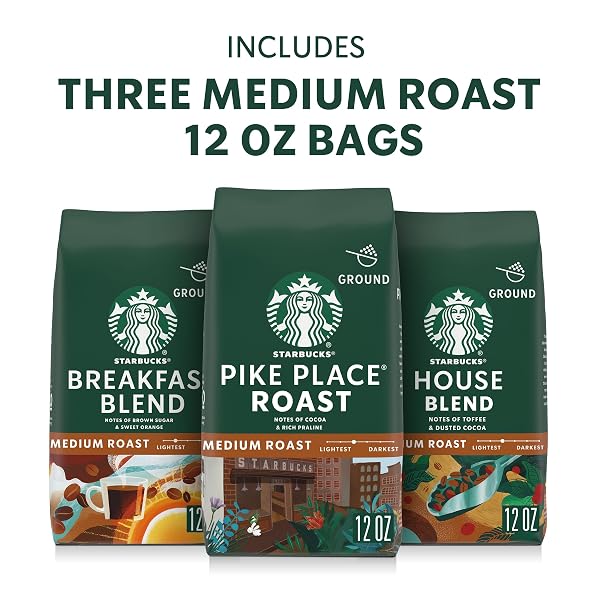 STARBUCKS GROUND COFFEE, MEDIUM ROAST HOT OR ICED COFFEE, VARIETY PACK, THREE 12 OZ BAGS​