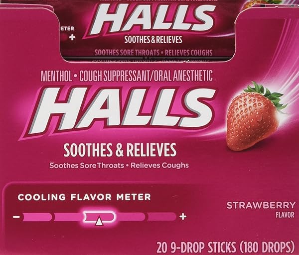 HALLS COUGH DROPS, (STRAWBERRY, 9 DROPS, 20-PACK)