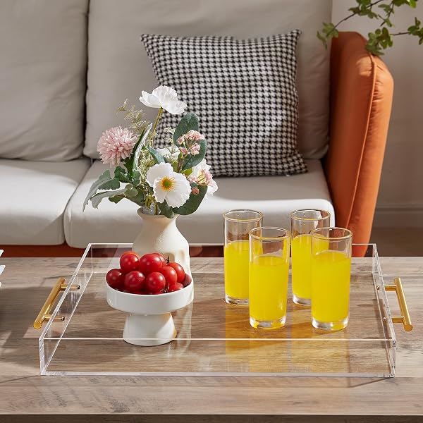 EXTRA LARGE CLEAR ACRYLIC SERVING TRAY (21×21 INCHES) WITH GOLD HANDLES SPILL PROOF ACRYLIC OVER SIZE BIG DECORATIVE TRAY ORGANISER FOR OTTOMAN COFFEE TABLE COUNTERTOP